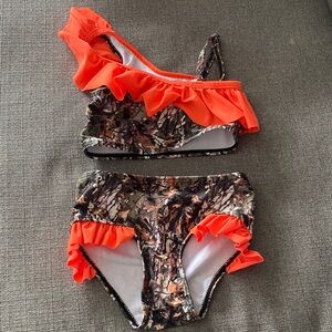 Girls Two-Piece Camo Bikini with Neon Orange Ruffles